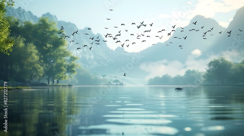 A flock of birds flying over a lake photo