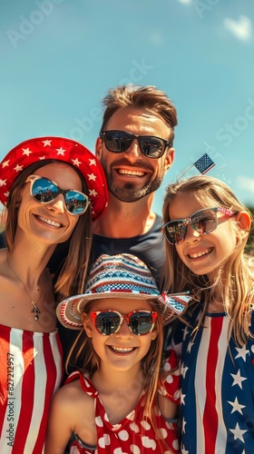 family of four is posing for a photo. They are all wearing patriotic clothing and sunglasses. The background is a blue sky with white clouds. American flag, 4th of july holiday,Independence Day,Memori