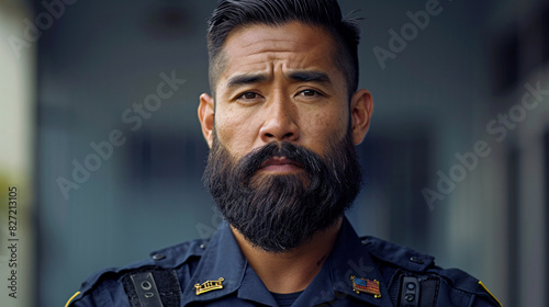 Gruff Filipino American security guard, posing confidently against gray background photo