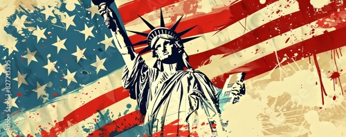 painting of the Statue of Liberty with an American flag background. American flag, 4th of july holiday,Independence Day,Memorial Day