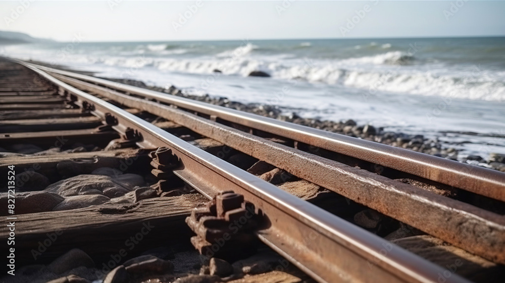 Fototapeta premium Railway tracks rails, close-up background of the sea, the concept of travel, outdoor activities. AI generated.