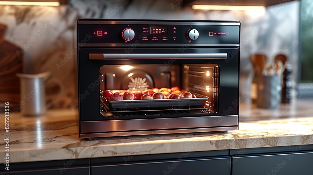 A 3D model of a digital convection oven, with its modern design and intuitive controls, set against a bright, single-color background for visual appeal. A 3D model of a digital convection oven, with its modern design and intuitive controls, set against a bright, single-color background for visual appeal.