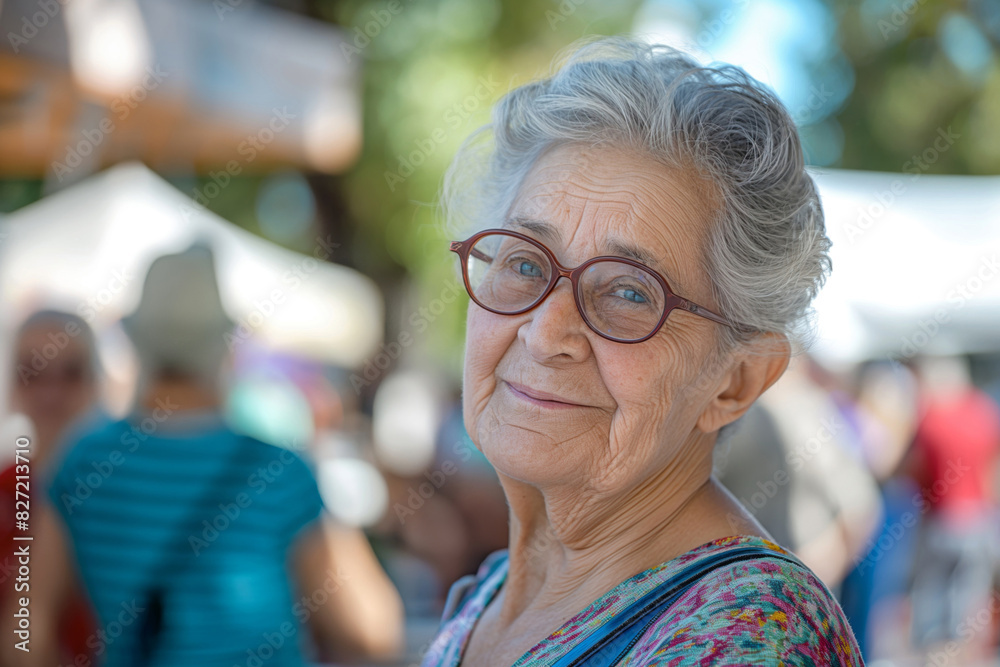 Smiling older woman with glasses is pictured at an outdoor community event, exuding happiness and engagement with her surroundings Smiling older woman with glasses is pictured at an outdoor community event, exuding happiness and engagement with her surroundings