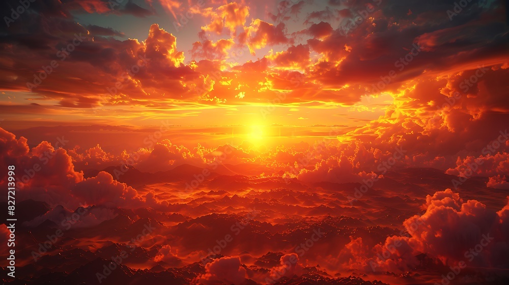 A fiery sunset behind distant hills