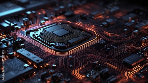 a series of semiconductor circuits, a famous electronic device that displays its sophistication with a beautiful orange color effect