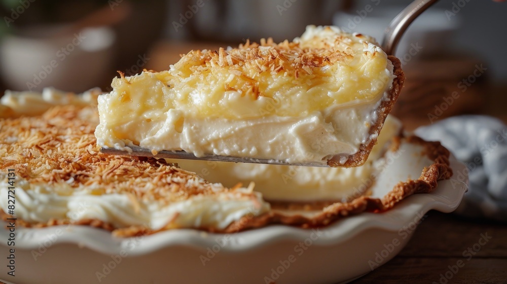 Indulgent Slice of Coconut Cream Pie Being Lifted, Revealing Velvety Texture and Layers of Custard - Close-Up Dessert Photography Indulgent Slice of Coconut Cream Pie Being Lifted, Revealing Velvety Texture and Layers of Custard - Close-Up Dessert Photography