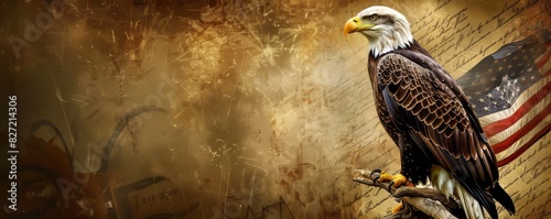 American bald eagle perched on a branch with an American flag in the background. American flag, 4th of july holiday,Independence Day,Memorial Day