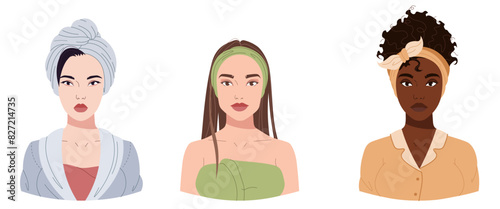 Set of portraits of various girls. Asian, European, African American woman in the bathroom. Inclusion and diversity. Beautiful girls self-care, layout.