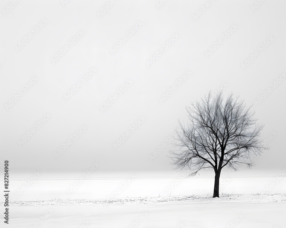 Fototapeta premium A minimalist composition of an isolated tree in the middle of a snowy field