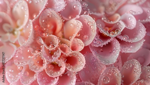 A closeup of pink chrysanthemums with dew drops on their petals