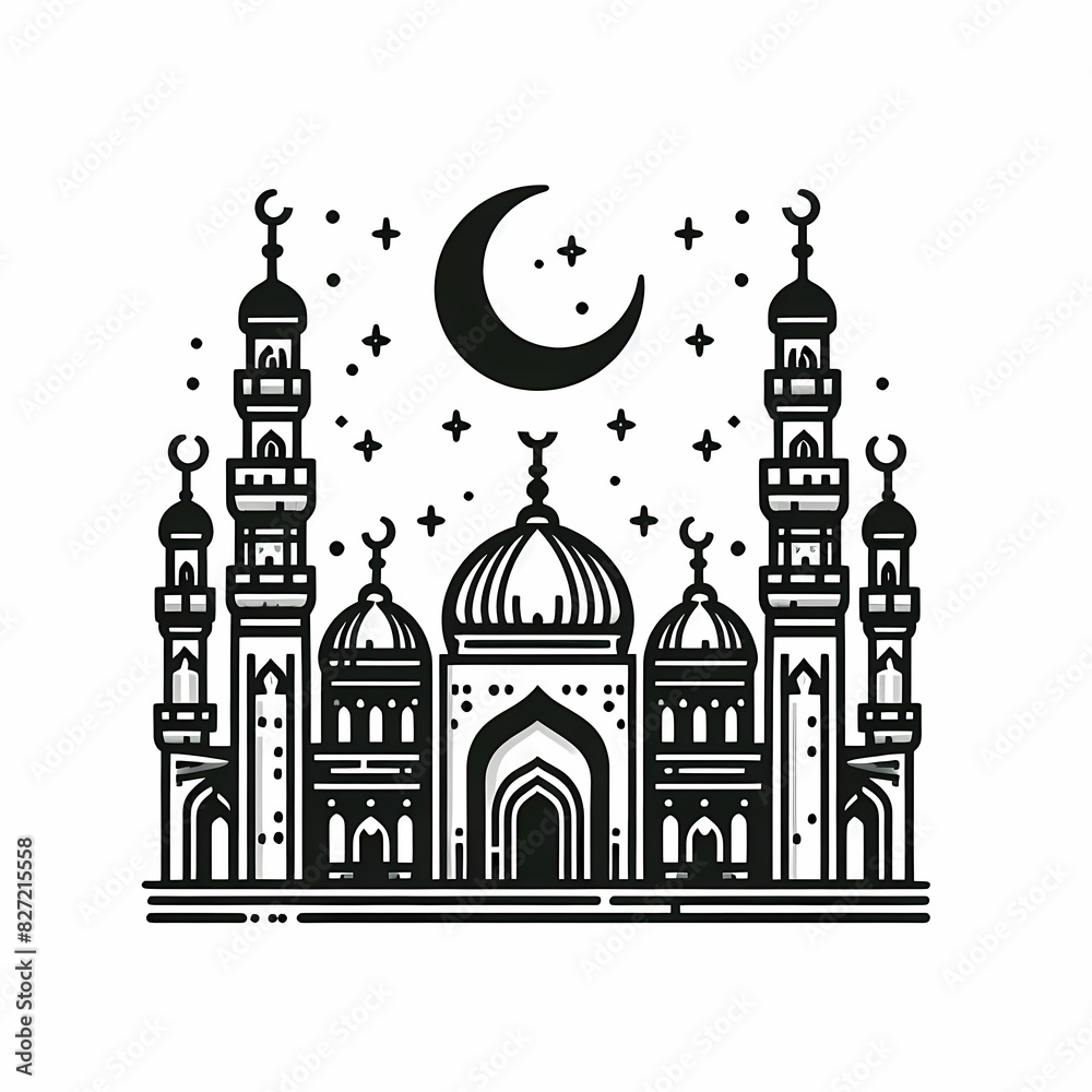 Islamic mosque illustration black silhouette line art icon flat vector ...