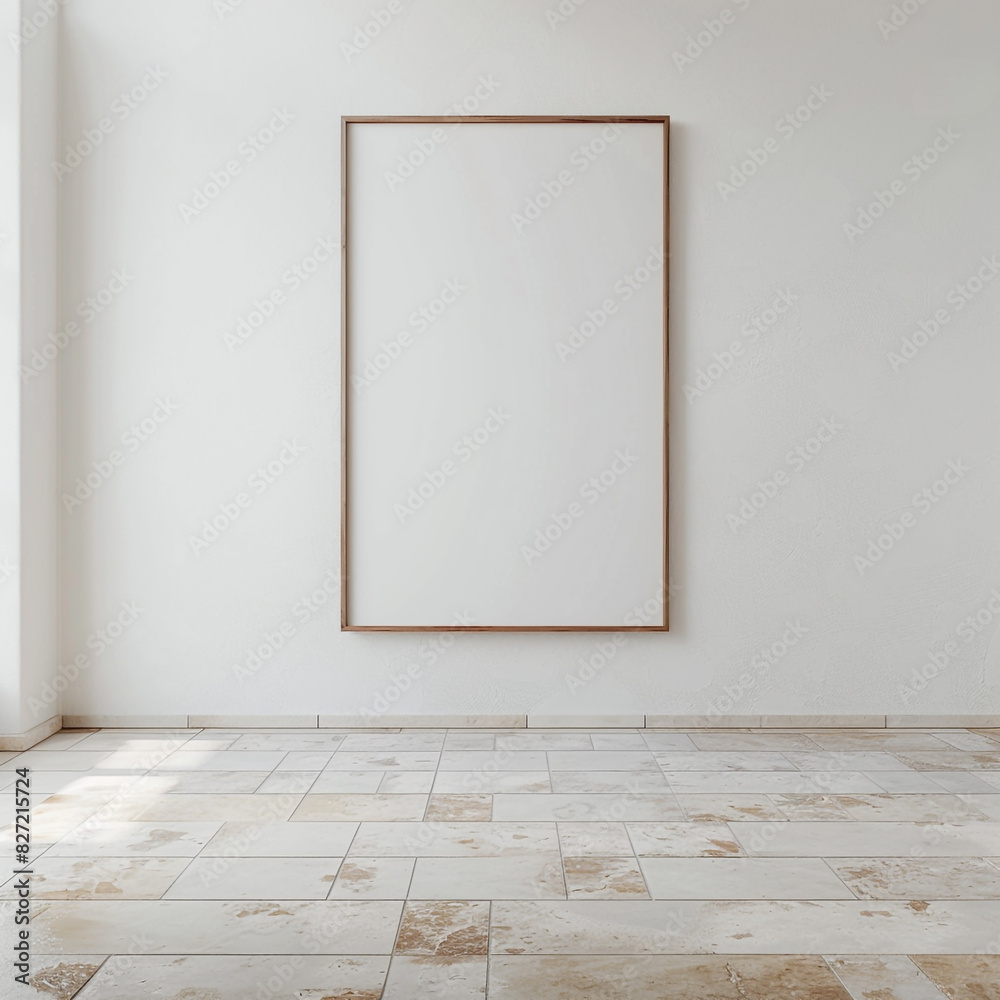Blank frame in an empty room with a white wall and a travertine floor. 3D rendered mockup in ultra HD. Blank frame in an empty room with a white wall and a travertine floor. 3D rendered mockup in ultra HD.