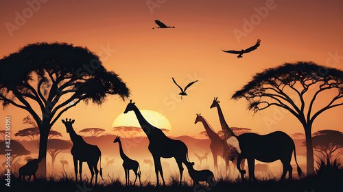 Silhouette savannah animals sunset  Generative AI