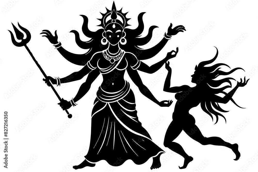 Durga and the demon vector silhouette illustration