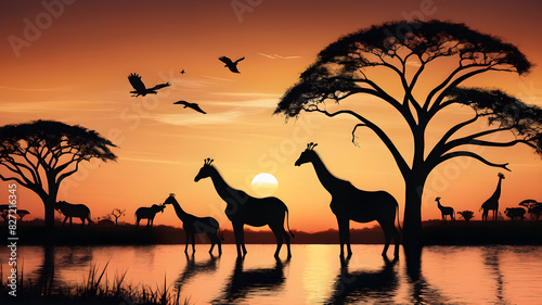 Silhouette savannah animals sunset  Generative AI