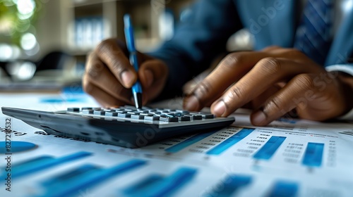 close up of an accountant working on a finance investment report at the office on a calculator accounting taxes and financial advisor performing asset management calculations in the office