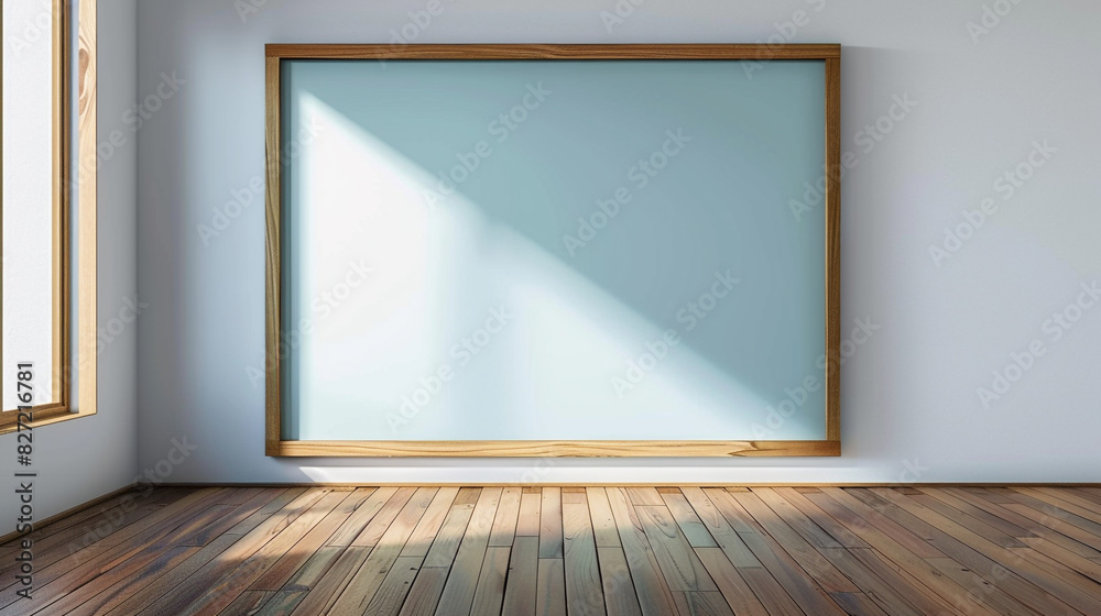 Elegant wooden frame with a cerulean light border in a minimalist room with a wooden floor. Elegant wooden frame with a cerulean light border in a minimalist room with a wooden floor.