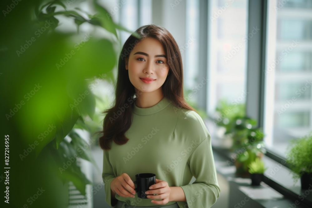 portrait of cheerful beautiful businesswoman in modern green office with lots of plants portrait of cheerful beautiful businesswoman in modern green office with lots of plants
