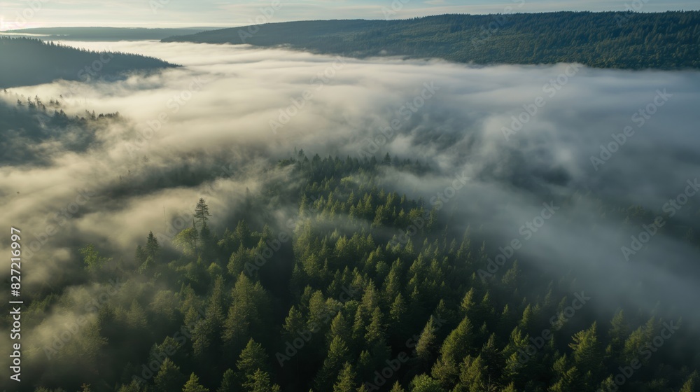 Breathtaking aerial shot capturing the serene beauty of a mist-covered forest at sunrise
