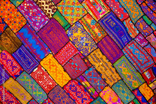 Pakistani oriental carpet, beautiful local traditional ornament. Bright colors. 