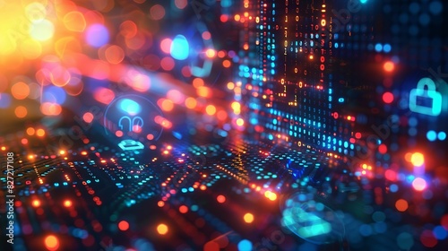 A high-tech illustration of cybersecurity systems, featuring digital locks and encrypted data streams within a neural network, highlighted by a bright, colorful bokeh background. photo
