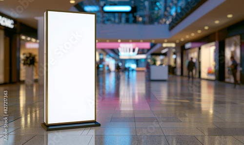 Empty Unique Roll-Up Mockup Poster Stand In Shopping Mall, Modern Digital Roll-Up Banner Stand In Corporate Hall, Generative AI.