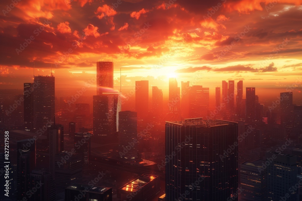 Visualize a modern cityscape at sunset from a skyscraper