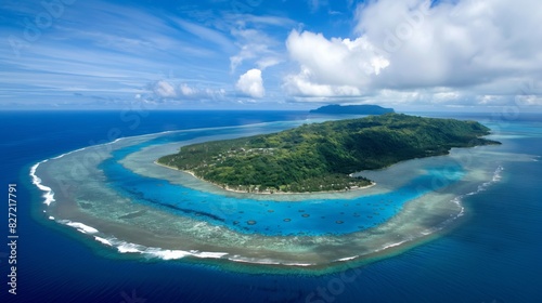 Stunning aerial panorama of a serene tropical island surrounded by vibrant coral reefs