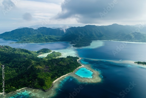 Aerial drone photography capturing the serene and lush greenery of a remote tropical island paradise with crystal clear waters and untouched natural beauty