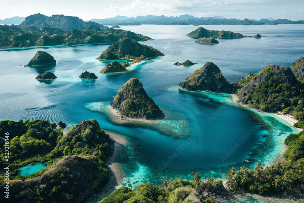 Aerial view of a breathtaking tropical archipelago with crystal-clear waters and lush greenery