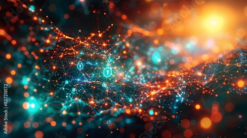 An artistic illustration of cybersecurity systems, featuring digital locks and encrypted data streams within a neural network, highlighted by a bright, colorful bokeh background. photo