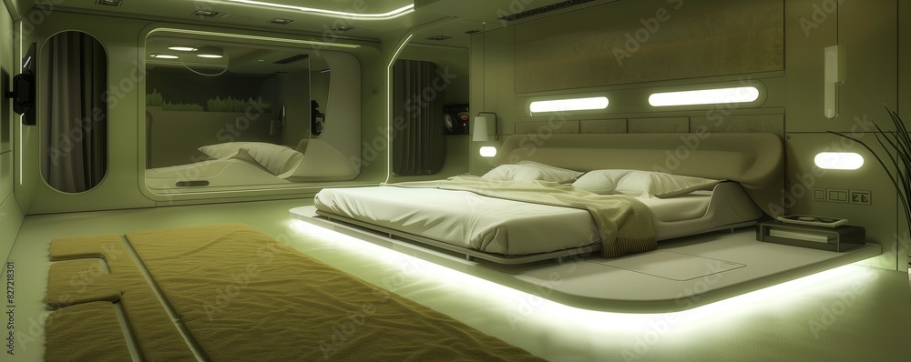 A sleek bedroom with walls in a soft olive green A sleek bedroom with walls in a soft olive green