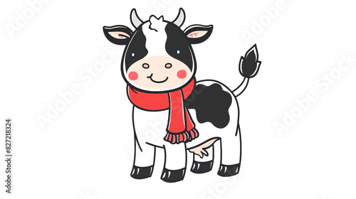 A cute cartoon cow wearing a red scarf is standing on a white background. The cow has a black nose and black hooves, and is smiling.