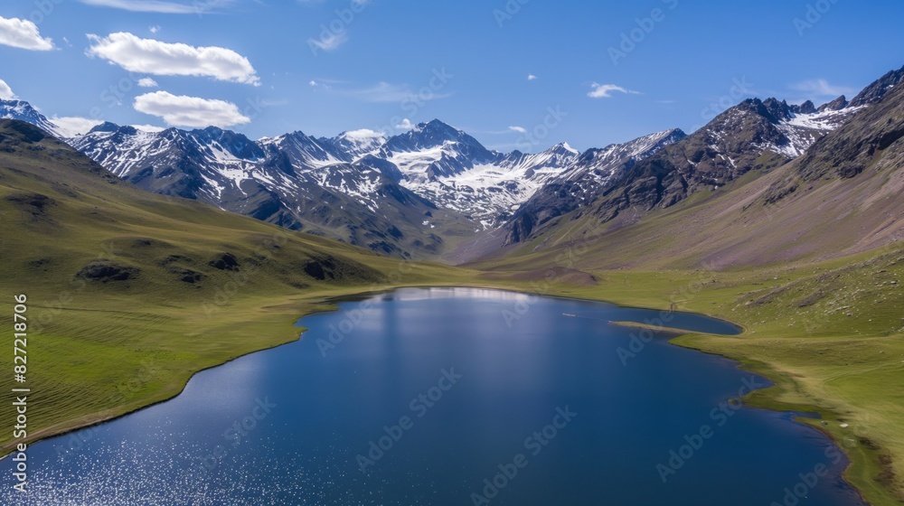 Tranquil and serene aerial view of a pristine mountain lake landscape with snowy peaks. Clear blue sky. And untouched wilderness in a remote alpine location captured by drone photography