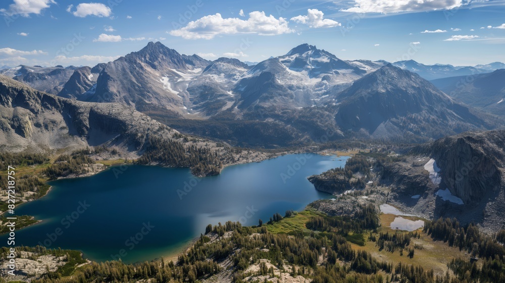 Aerial panoramic view of majestic mountain lake with serene landscape, rugged peaks, and untouched alpine scenery reflecting in clear skies, perfect for outdoor adventure and pristine nature tourism Aerial panoramic view of majestic mountain lake with serene landscape, rugged peaks, and untouched alpine scenery reflecting in clear skies, perfect for outdoor adventure and pristine nature tourism