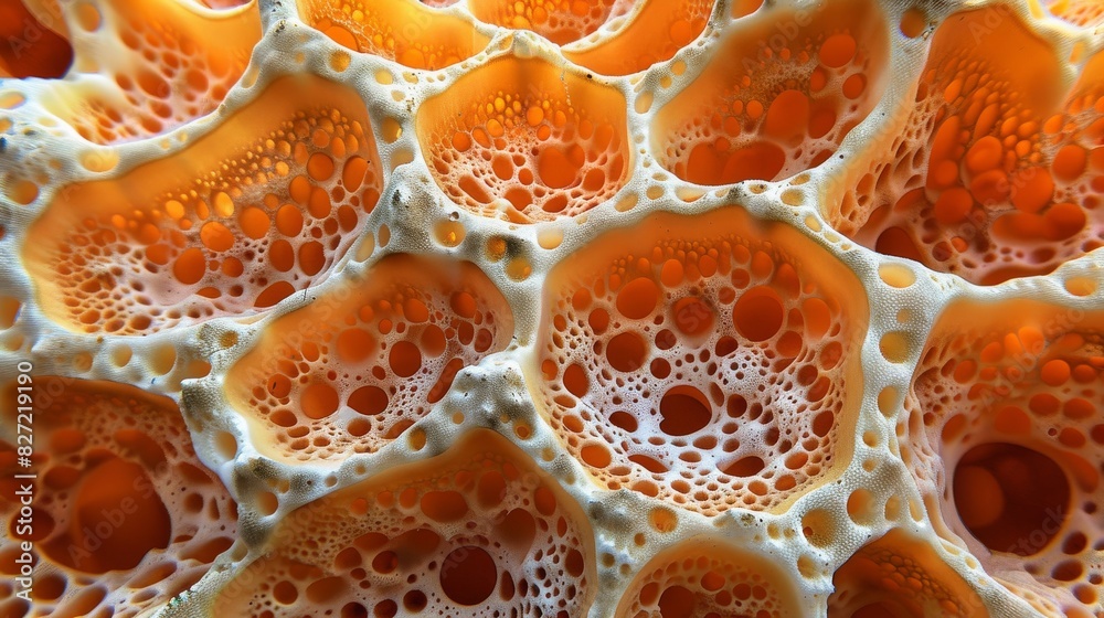 a close-up of orange and yellow sea sponge texture visible holes. a close-up of orange and yellow sea sponge texture visible holes.