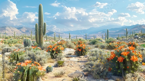 A desert landscape with blooming cacti