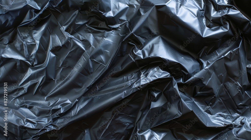 a close-up of crumpled black plastic, with light reflecting off the textured surface