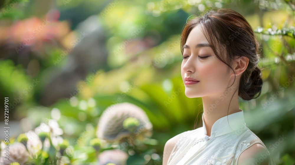 A woman wearing a traditional white dress with hair tied up practicing mindfulness against a blurred natural background
