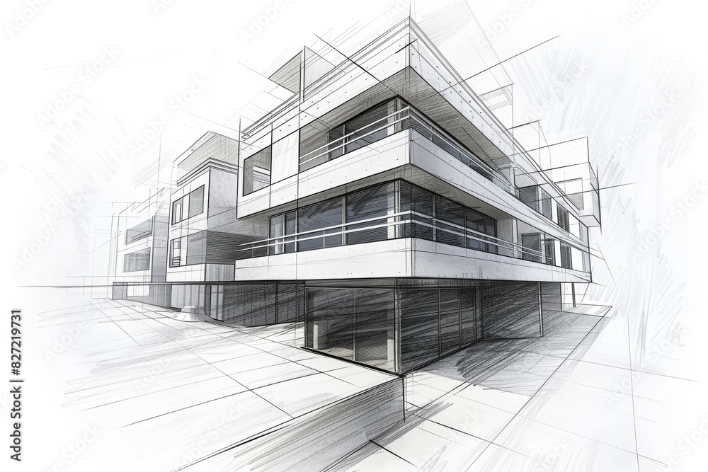 A detailed sketch of an office building, showcasing the architectural design with multiple floors and balconies.