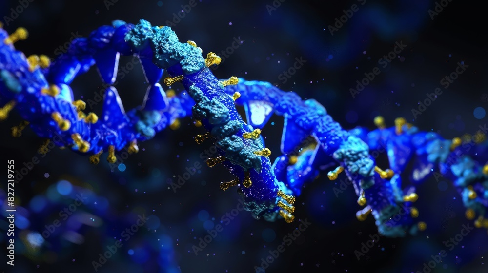 a close-up of blue and yellow molecular structures against a dark background, resembling a scientific illustration of DNA or proteins