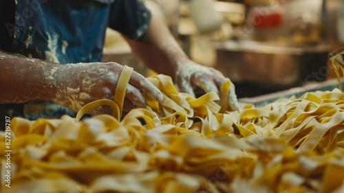 Employees portioning and packaging fresh pasta on a production line in a pasta manufacturing plant.