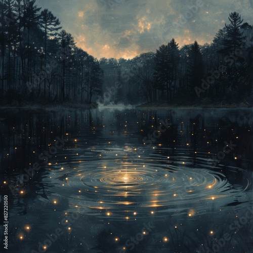 Serene Night Sky Reflections on Tranquil Lake - High Angle View of Golden Stars in Pitch Black Water