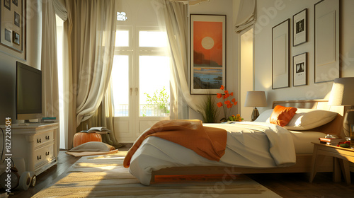 The interior of the living room,Interior of a bedroom with large window and orange curtains. 3D rendering,Interior of a modern bedroom in light colors. 3d rendering    © samar