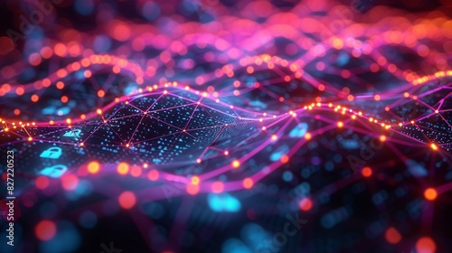 A creative depiction of cybersecurity measures, showing digital locks and encrypted pathways within a neural network, illuminated by a spectrum of colors against a bokeh photo