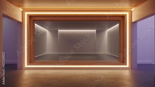 Spacious interior with a wooden mockup frame illuminated by a white light border. photo