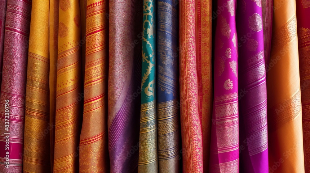 Vibrant array of luxurious silk sarees with intricate designs, showcasing traditional textile art Vibrant array of luxurious silk sarees with intricate designs, showcasing traditional textile art