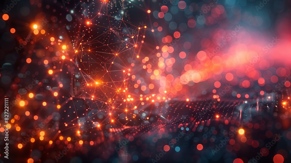 An engaging 3D rendering of big data analytics, showing intricate data pathways and nodes illuminated by various colors, set against a dynamic, glowing environment with a subtle bokeh effect.