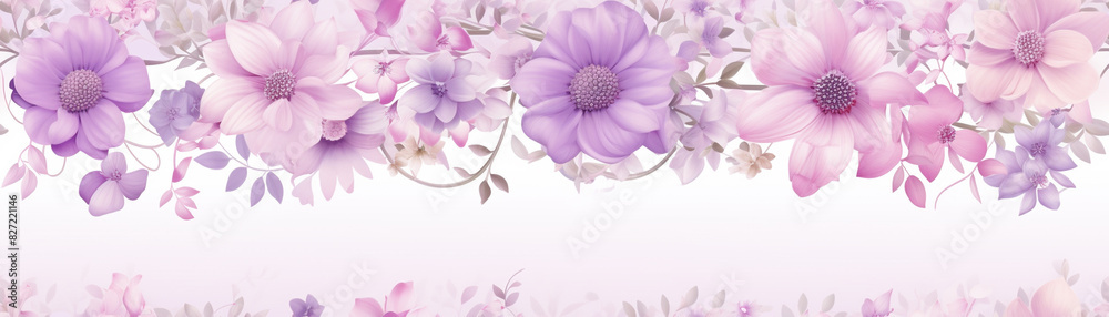 Obraz premium Seamless floral border with pastel purple and pink flowers, perfect for wedding invitations, stationery, and spring designs.