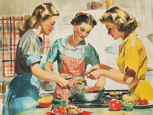 Women in aprons and hairnets busily cook and chat while standing in a bustling kitchen. photo